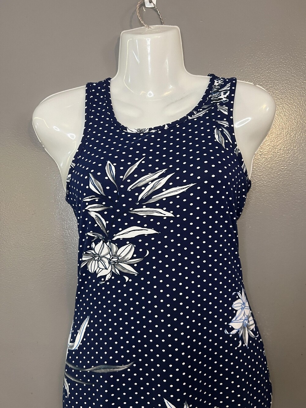 Love Dress Womens Medium Blue Polka Dot Floral Ruched Bodycon Tank Mini